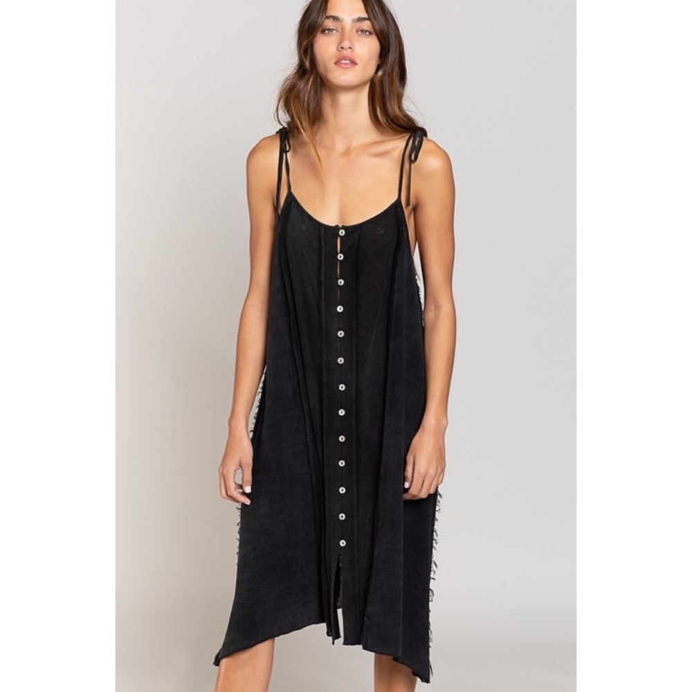 POL Black Cotton Spaghetti Strap Button Down Sundress - Picture 3 of 6